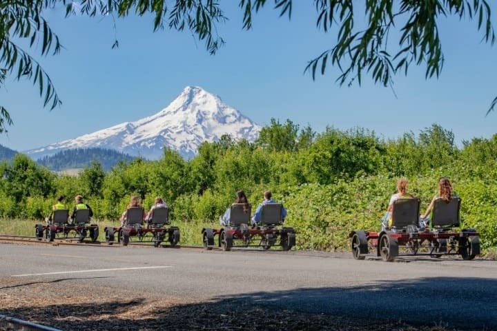 People ride rail bikes on a track with a snow-capped mountain and lush greenery in the background.
