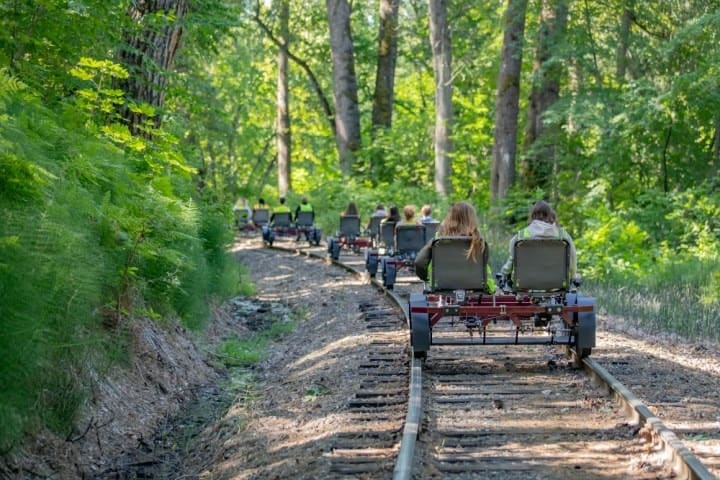People cycling rail bikes on forested railway tracks.