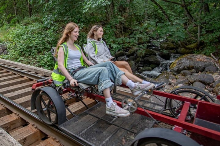 Two people riding a pedal-powered rail bike on a forested track.